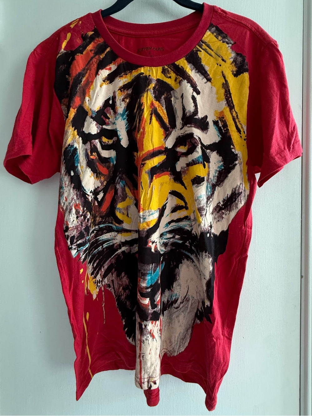 Eleven Paris Tanguy Roland Red Cotton Shirt With Colorful Tiger Size L